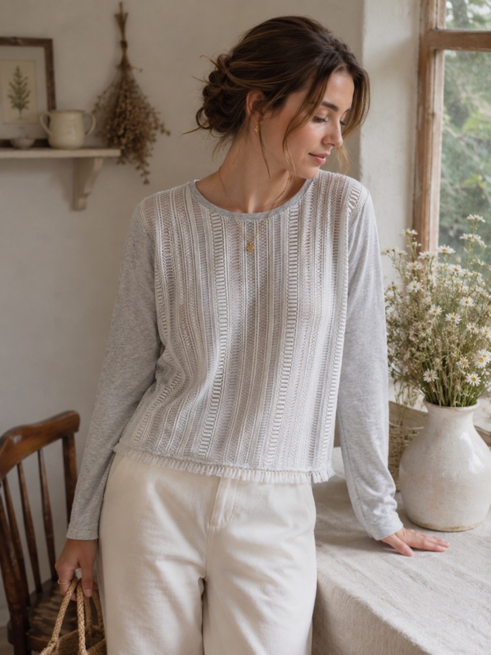 J. Crew Crochet Front Grey Top